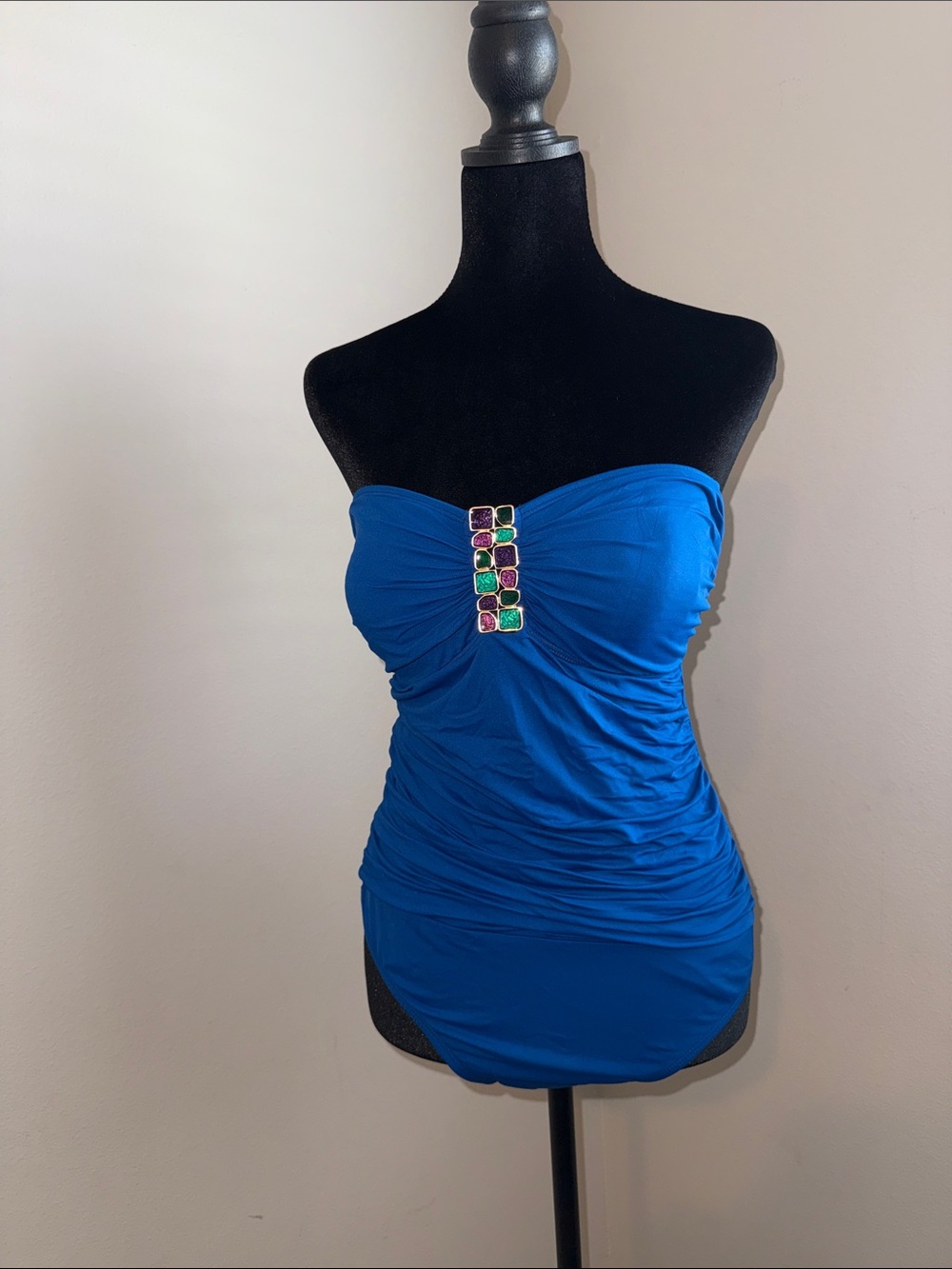 La Blanca Strapless Ruched Swimdress in Bright Blue with Jeweled Accent